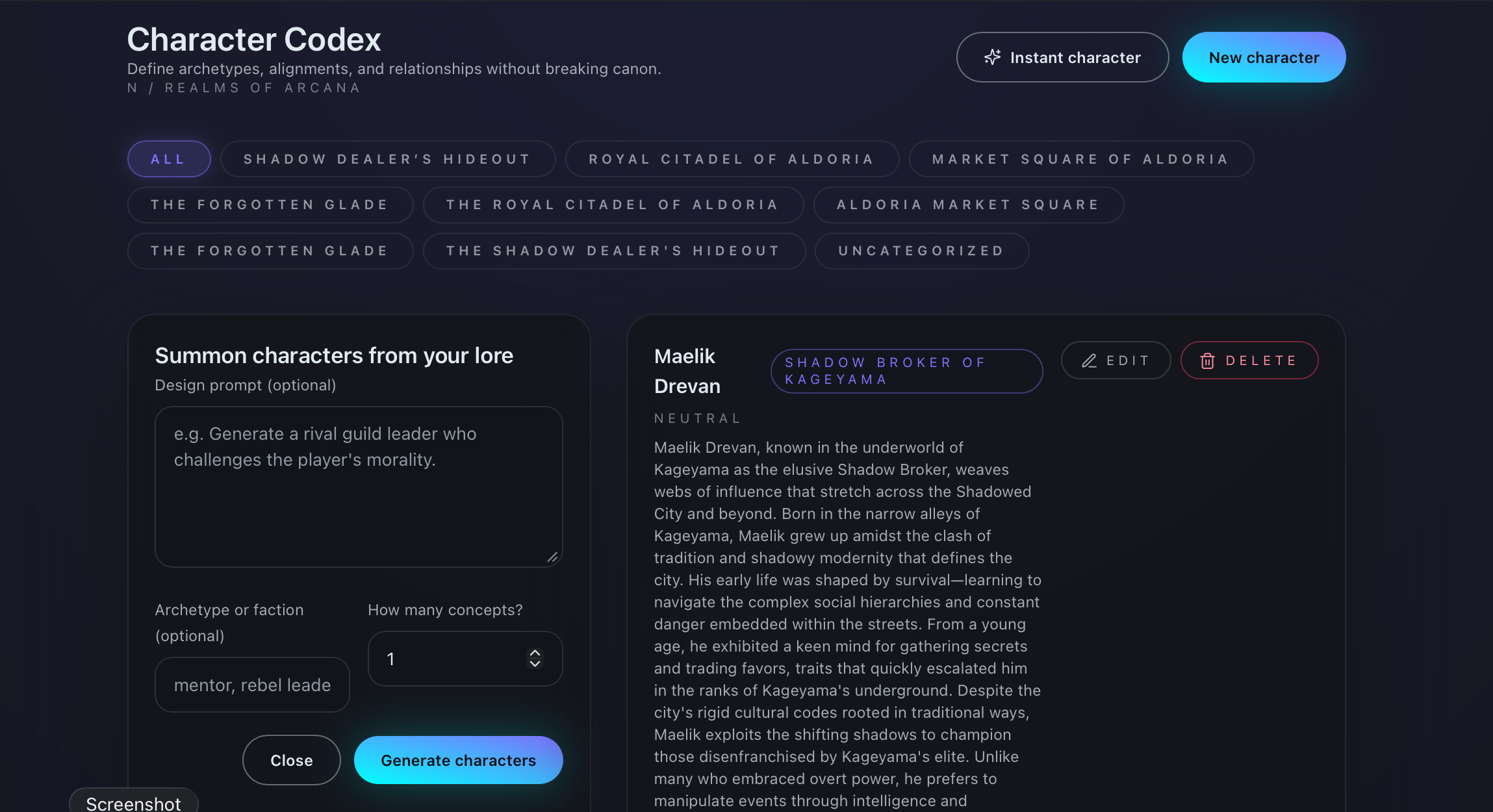 LoreFoundry Character Codex workspace with archetype filters and detailed bios