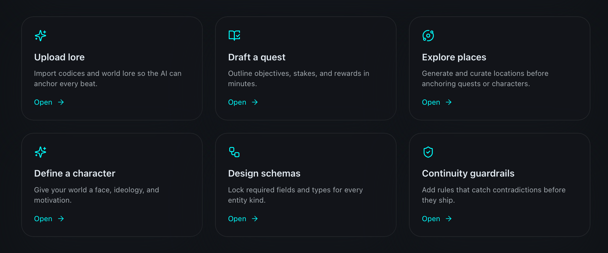 LoreFoundry module cards for uploading lore, designing schemas, and enforcing guardrails