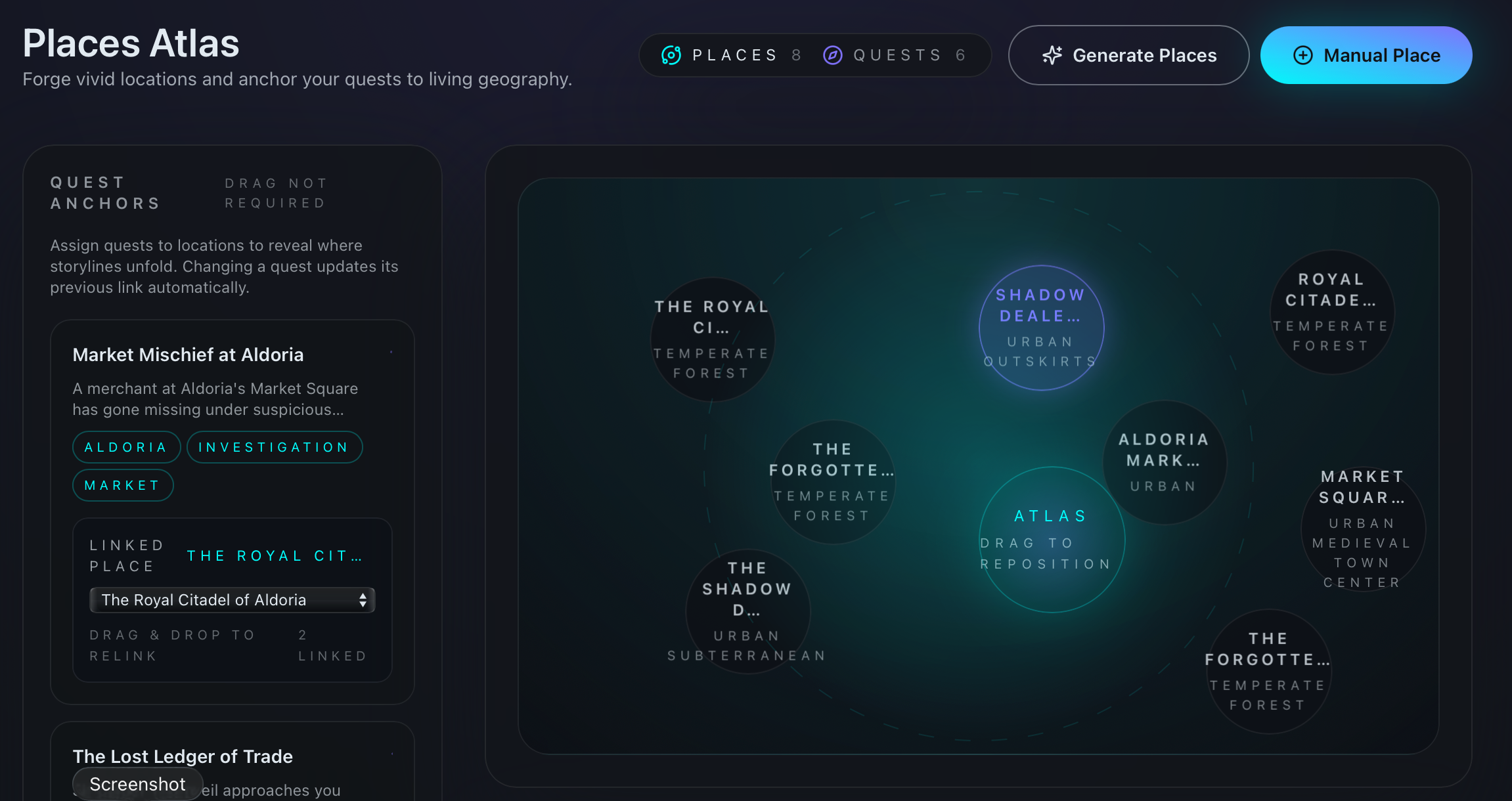 LoreFoundry Places Atlas showing quests anchored to locations on a radial map